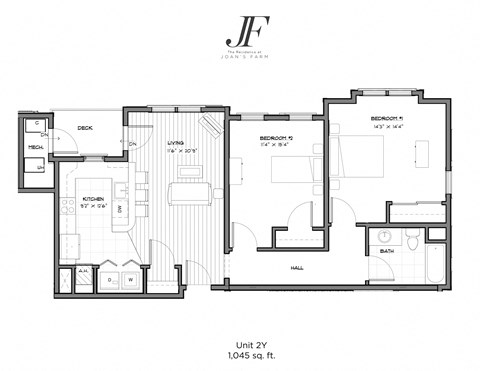Floor plan for 2 beds, 1 bath, 1045 sqft